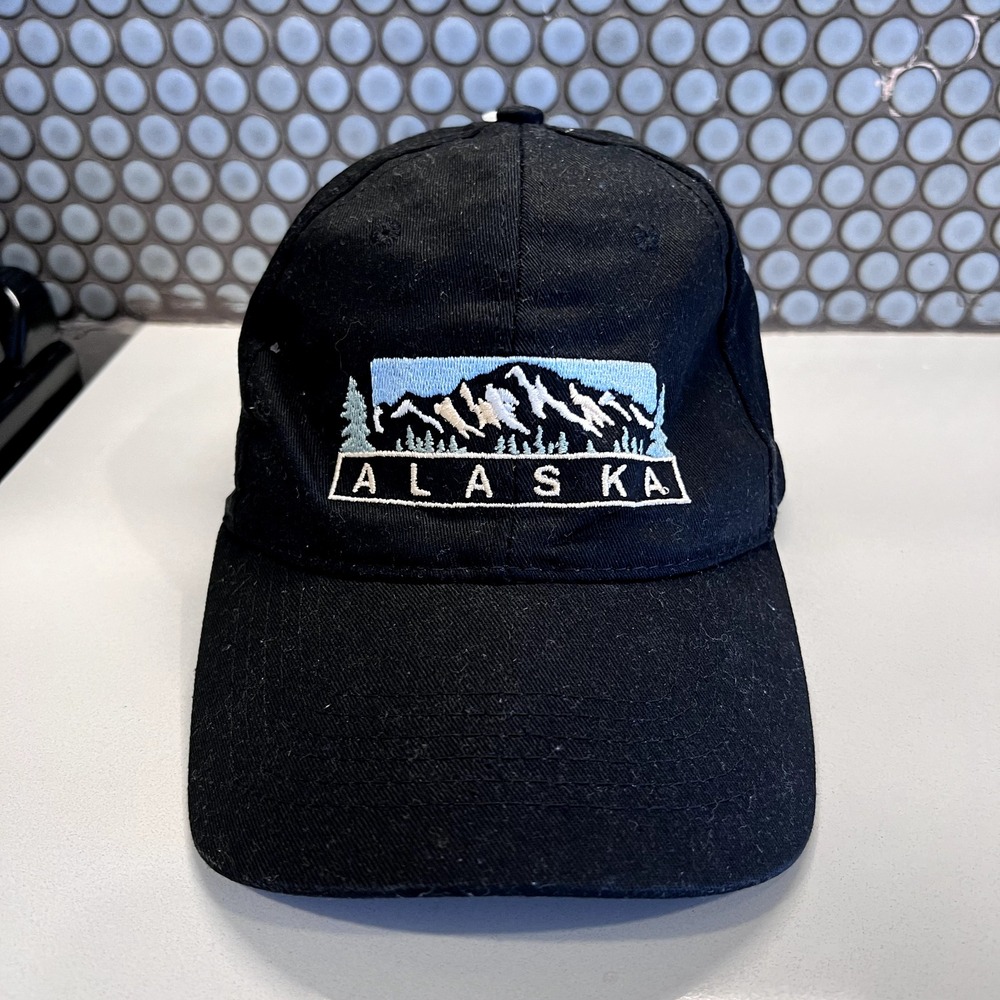 Alaska Hat Cap Mountain‎ Trees Black Adjustable Snap Alaska Adjustable Logo